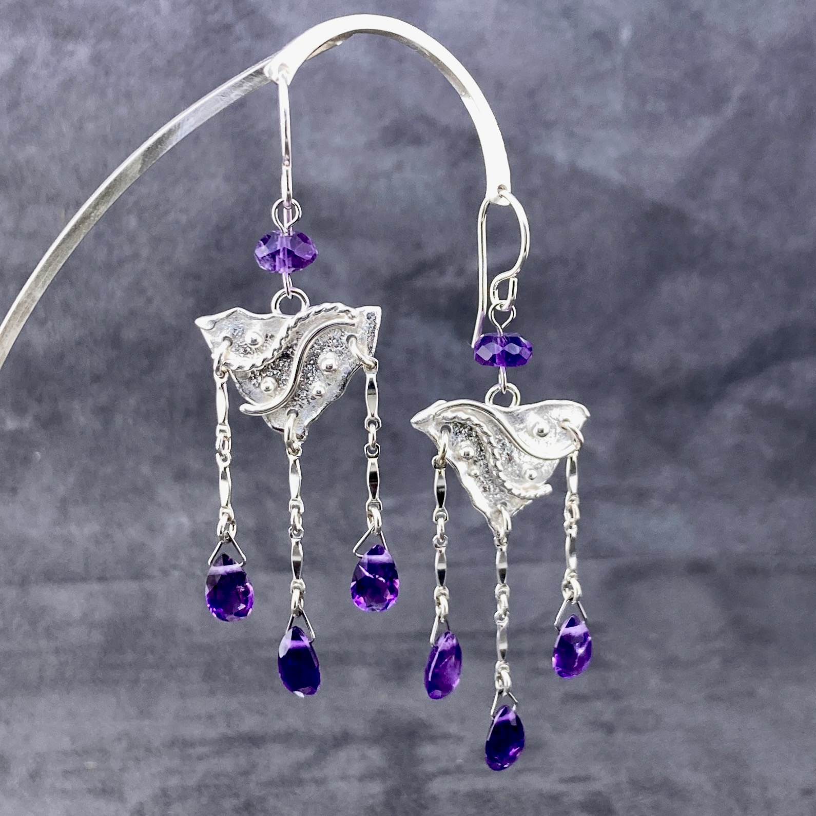 amethyst earrings - chandelier - Argentium silver waves