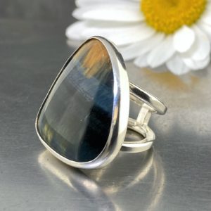 Hawk’s Eye ring – size 6.75 – Argentium silver double-band
