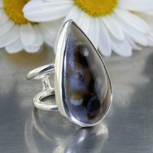 Montana Agate Ring – Size 7.5 – Argentium Silver Double Band – Cabochon
