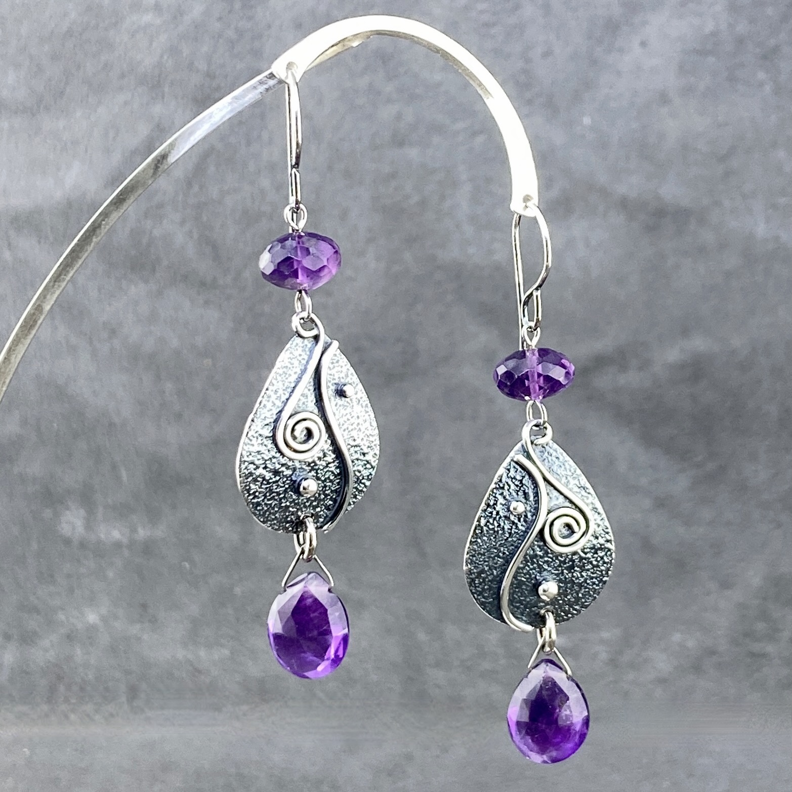 amethyst earrings - teardrop waves - antique Argentium silver - Image 3