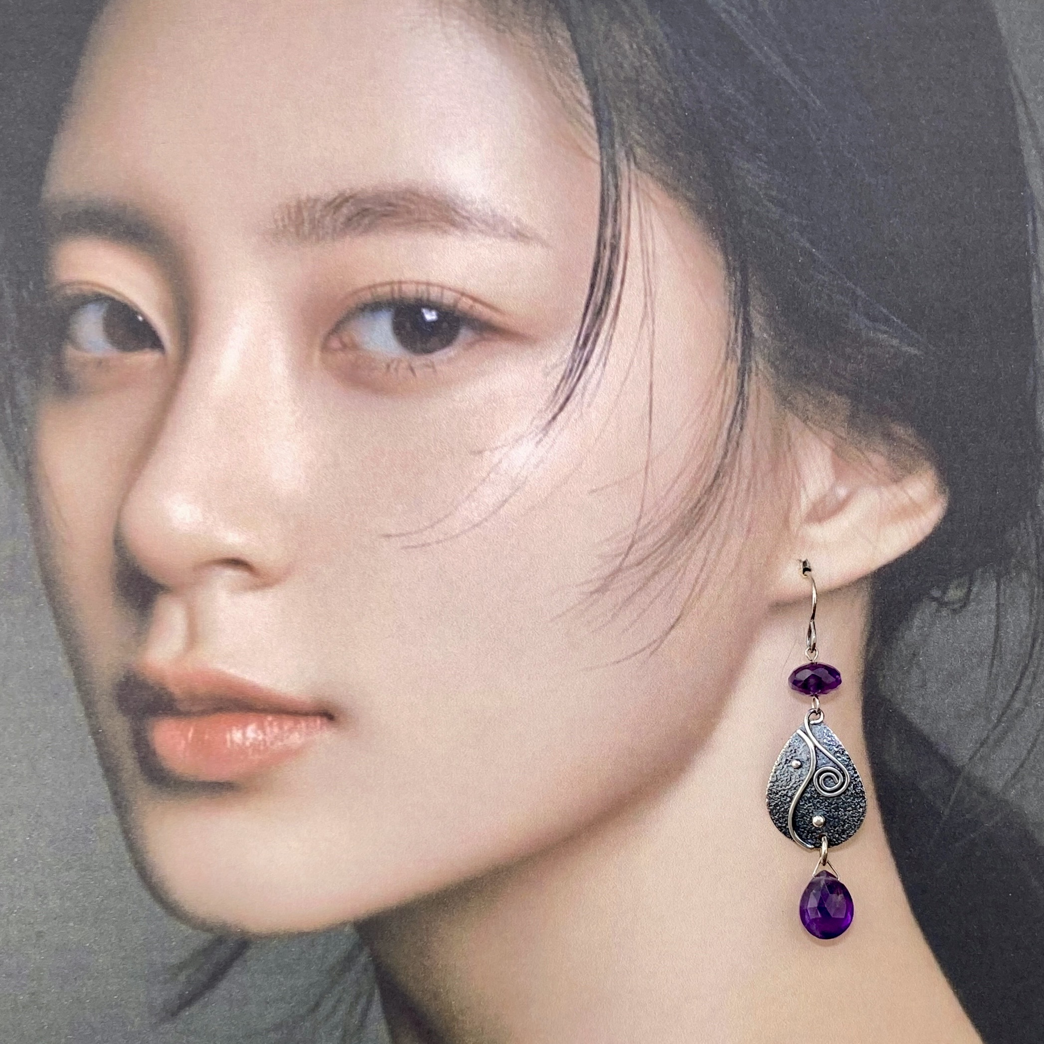 amethyst earrings - teardrop waves - antique Argentium silver - Image 2