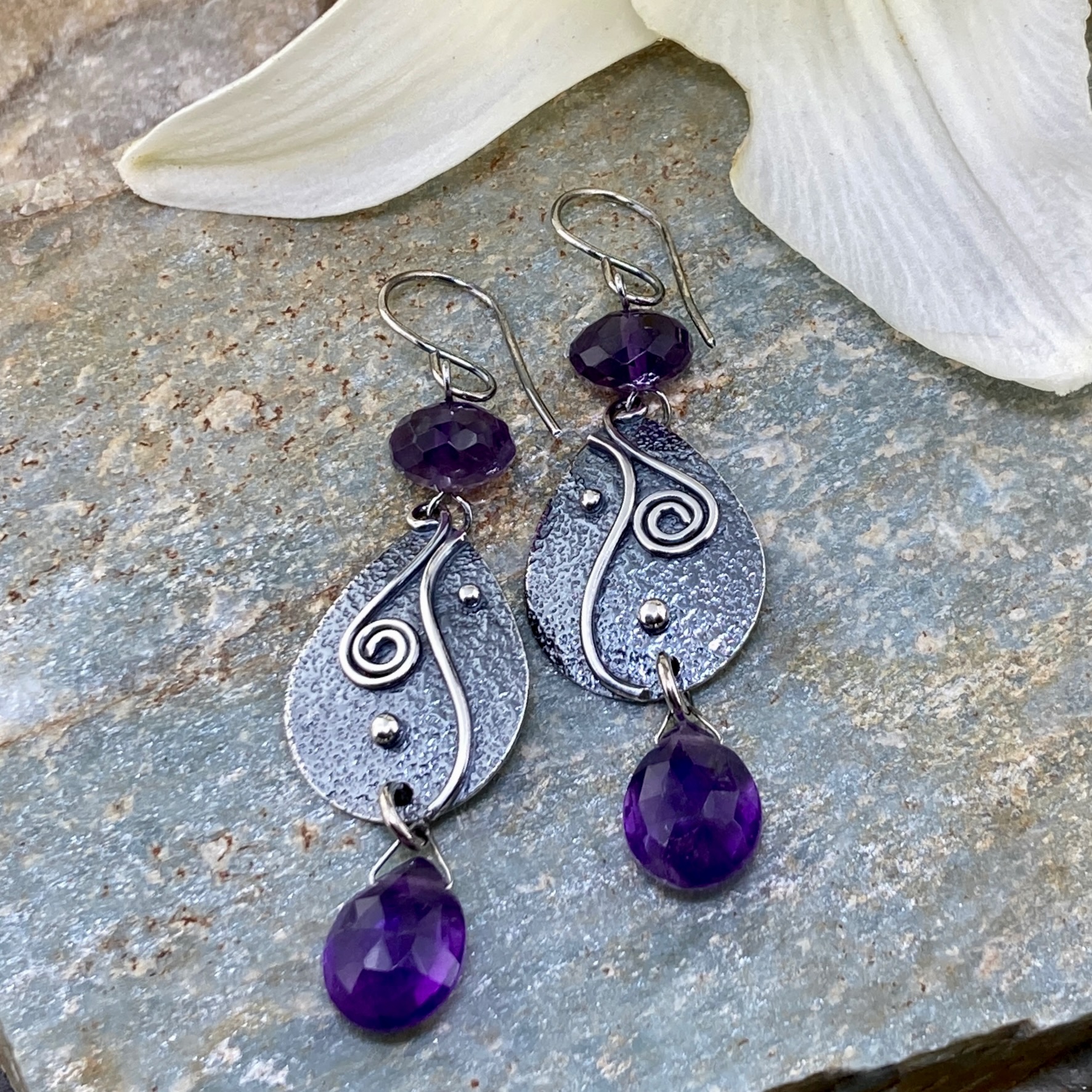 amethyst earrings - teardrop waves - antique Argentium silver