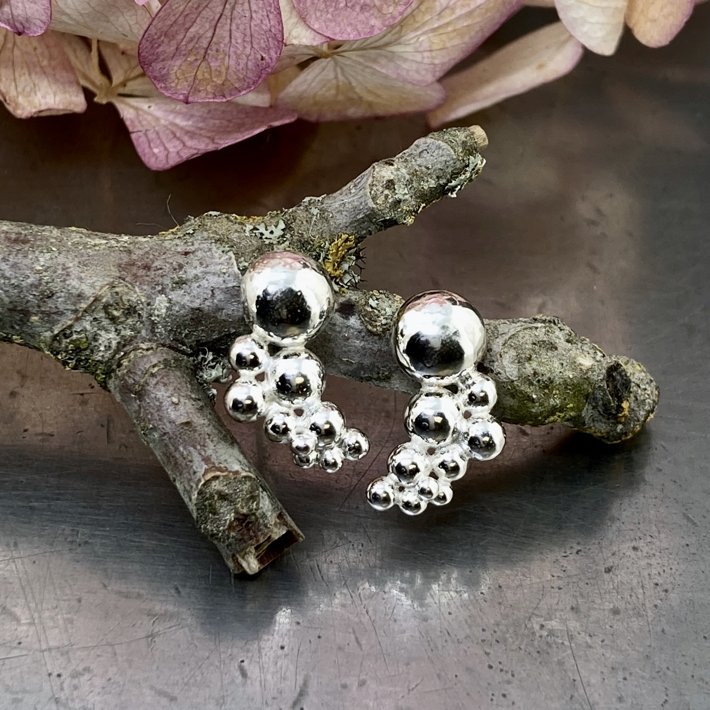 granules earrings - cluster post - Argentium silver - Image 3