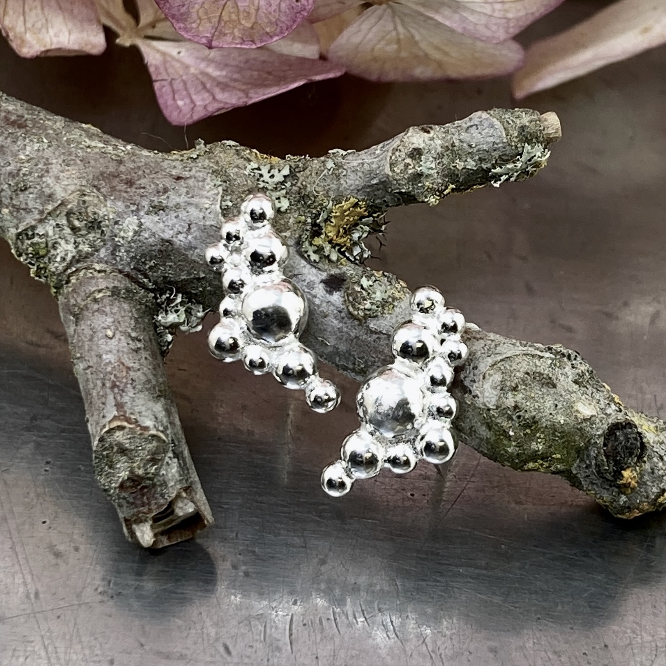 granules earrings - cluster post - Argentium silver - Image 3