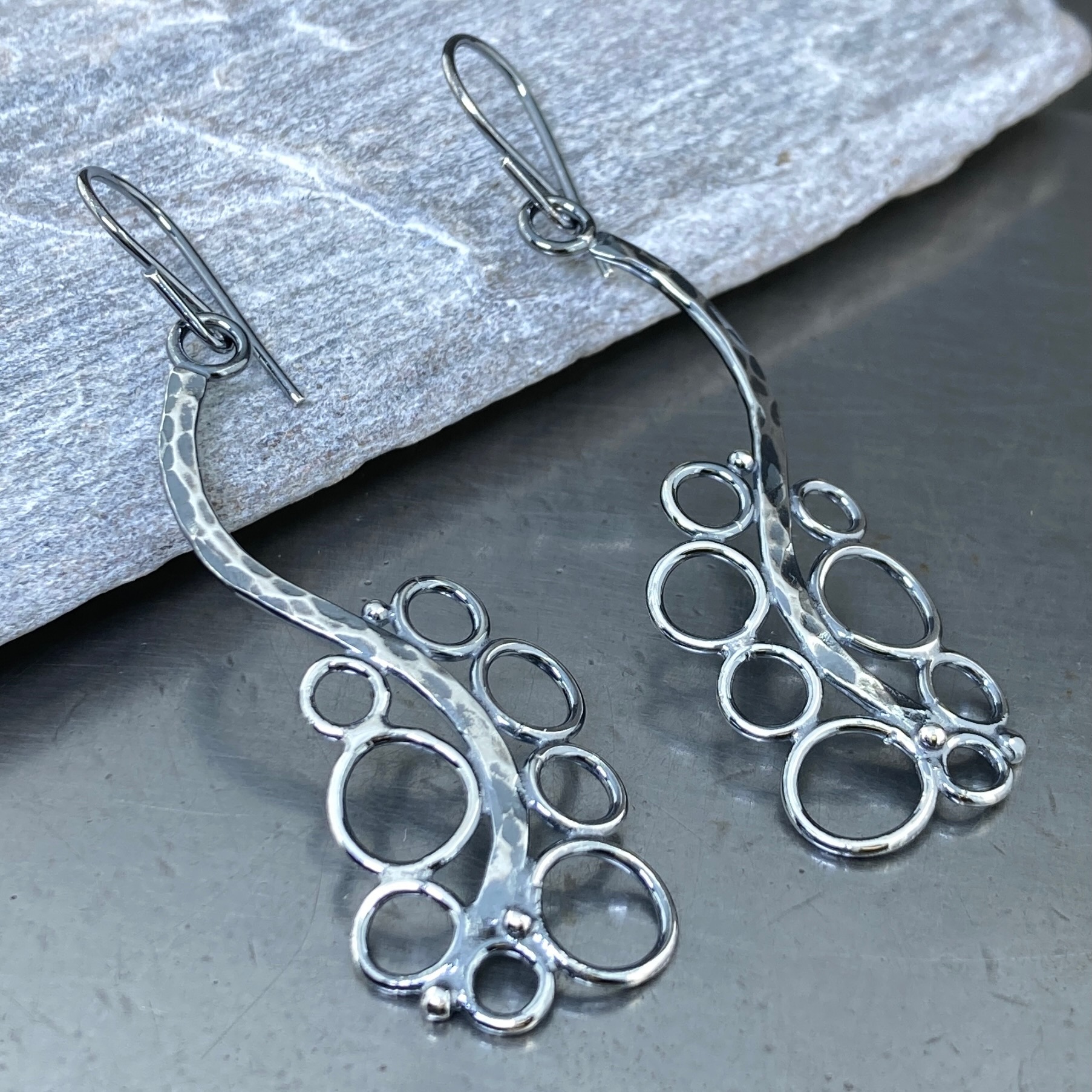 pebbles earrings - branch - antique Argentium silver