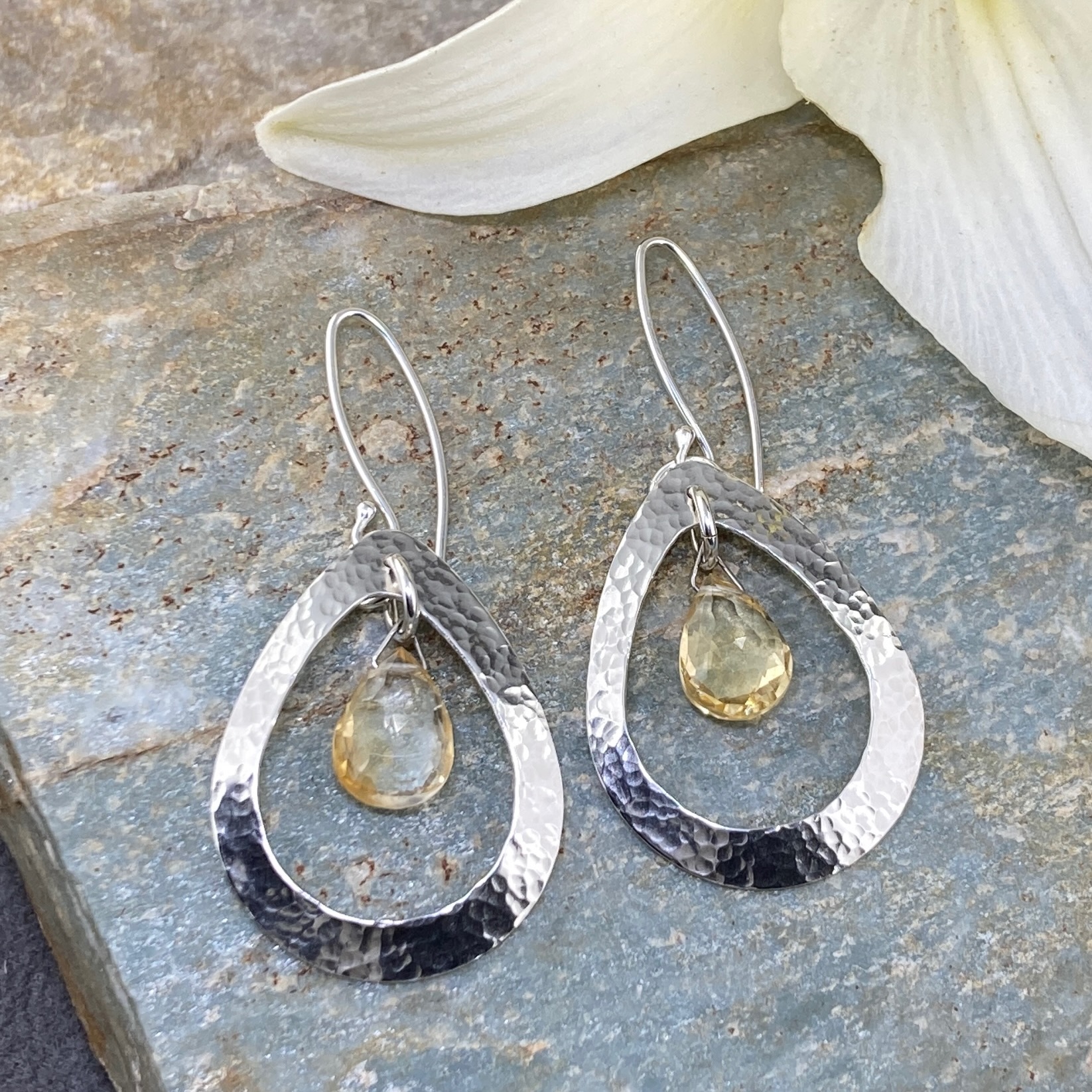 citrine earrings - hollow teardrop - Argentium silver