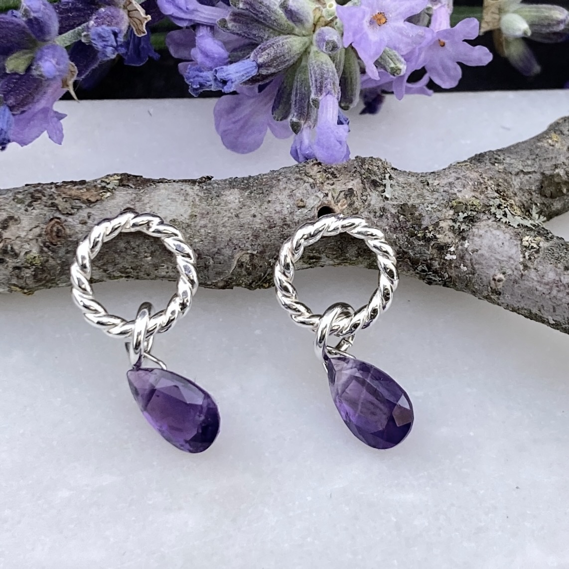 amethyst earrings - twist sun post - Argentium silver - Image 2