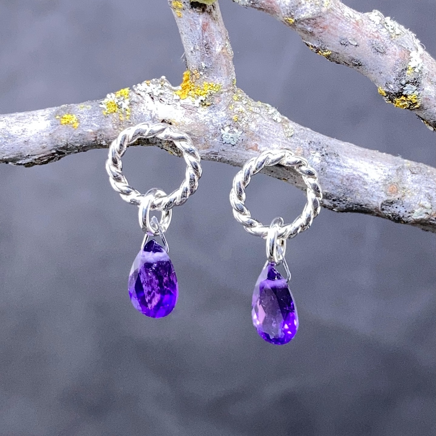 amethyst earrings - twist sun post - Argentium silver