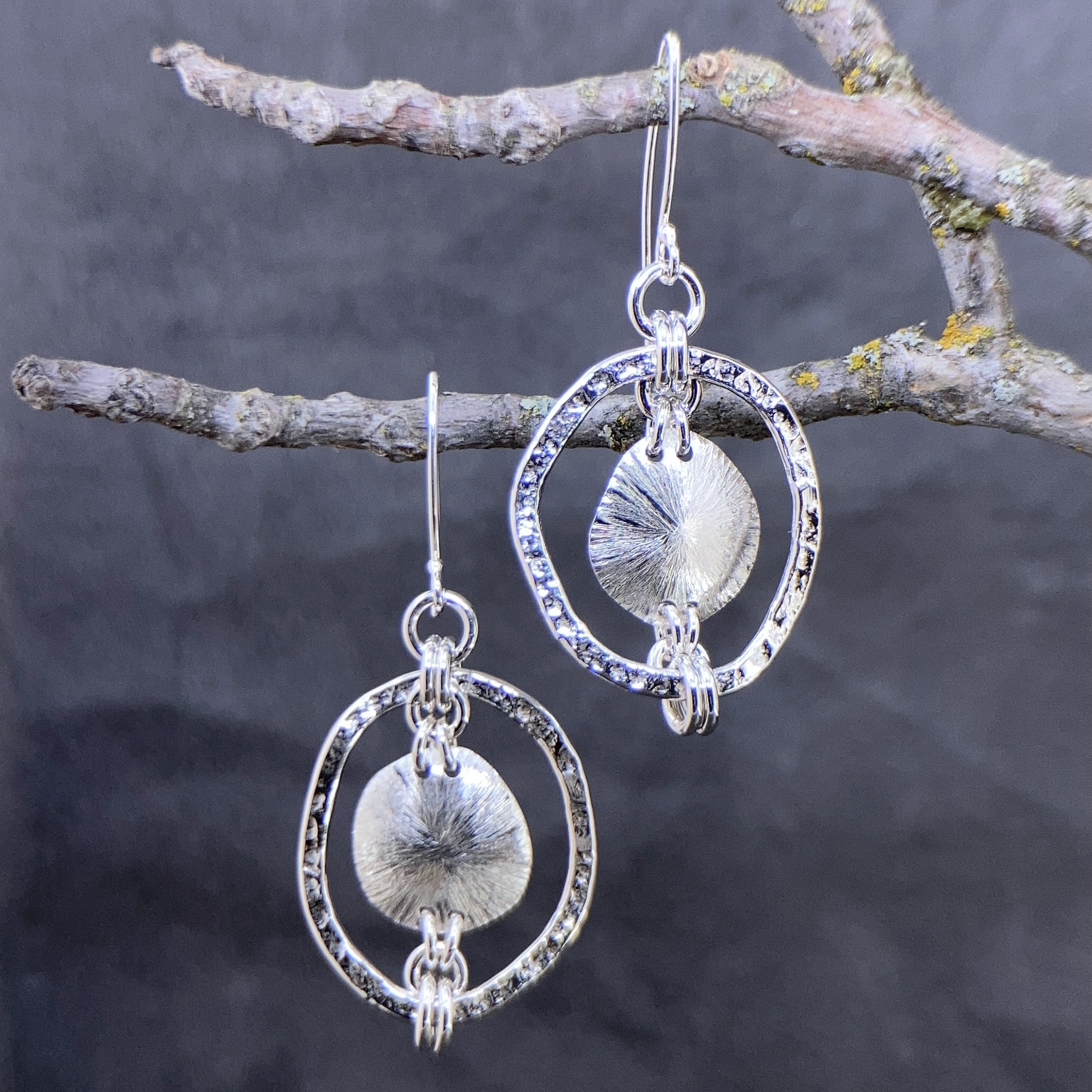 freeform circle earrings - Argentium silver - moon accent