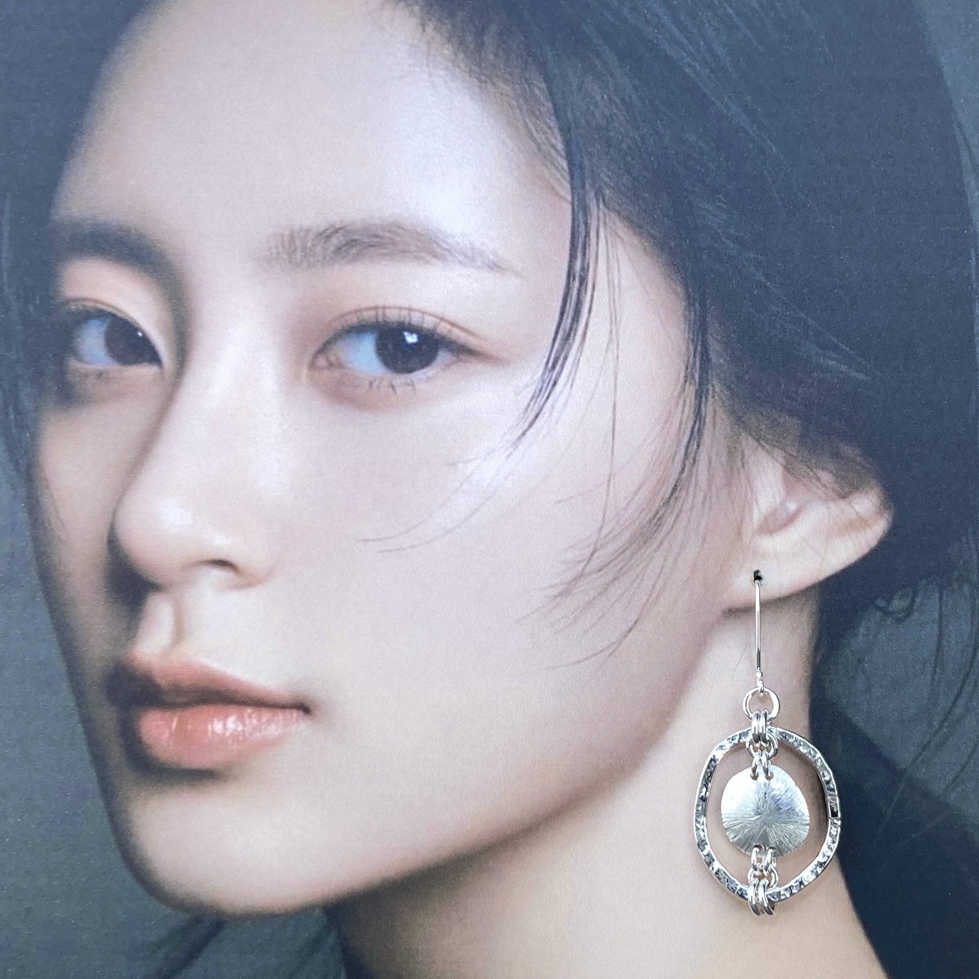 freeform circle earrings - Argentium silver - moon accent - Image 3