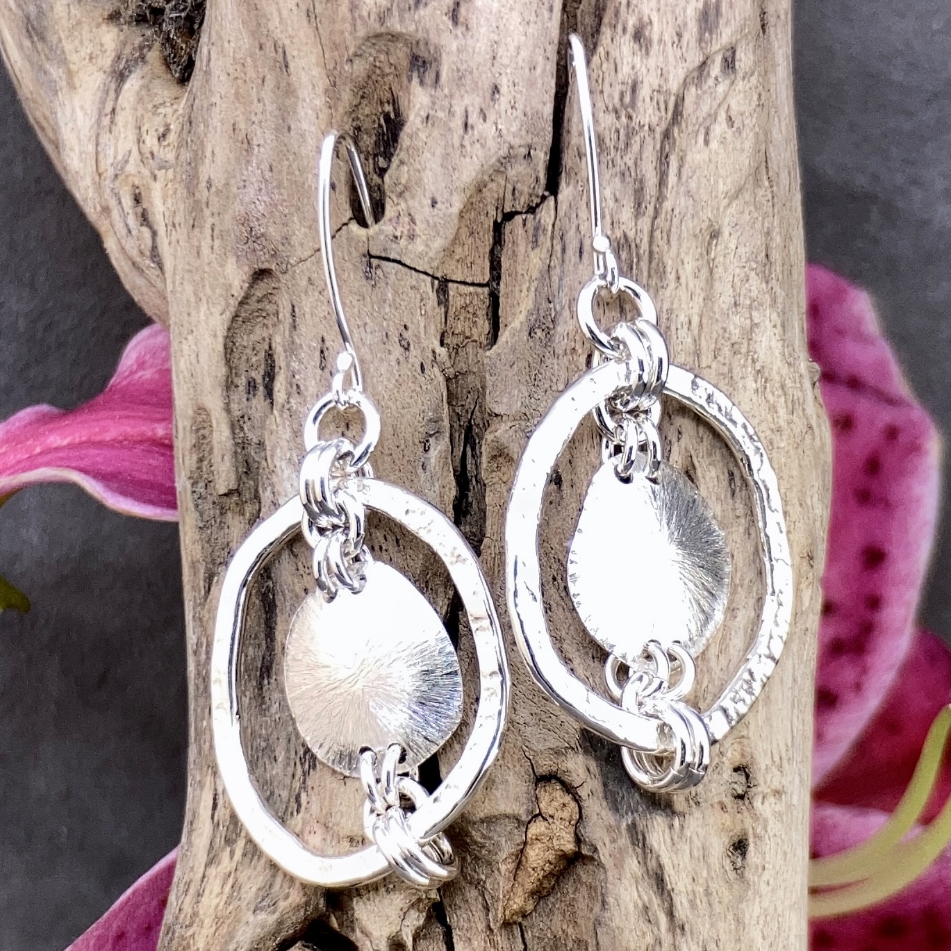 freeform circle earrings - Argentium silver - moon accent - Image 4