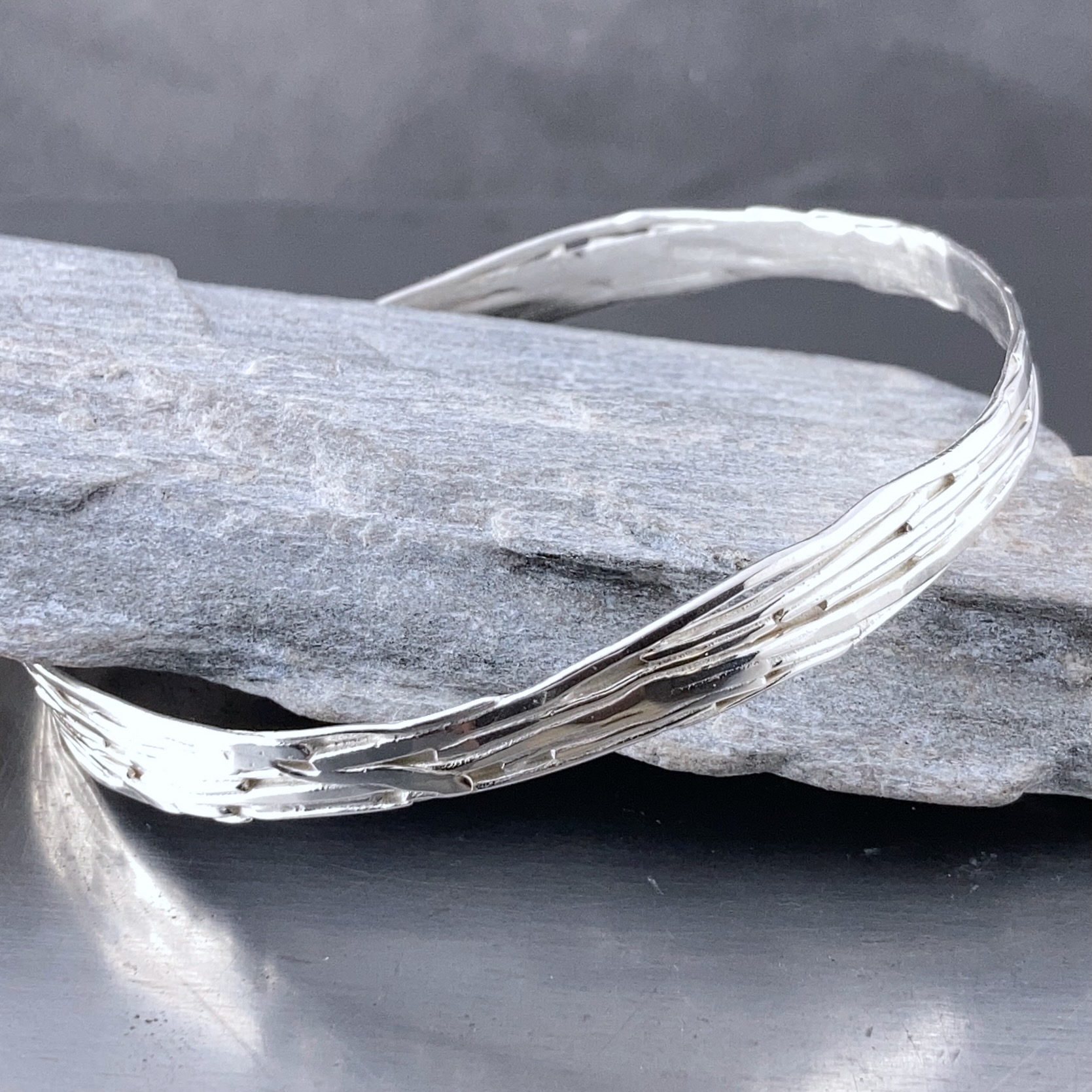 Argentium Silver Bark Bangle – XLarge - Polished