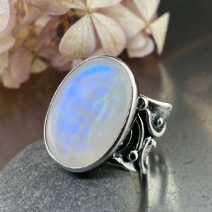 Moonstone Ring – Size 9.25 – Argentium Silver Waves – 16 Carat