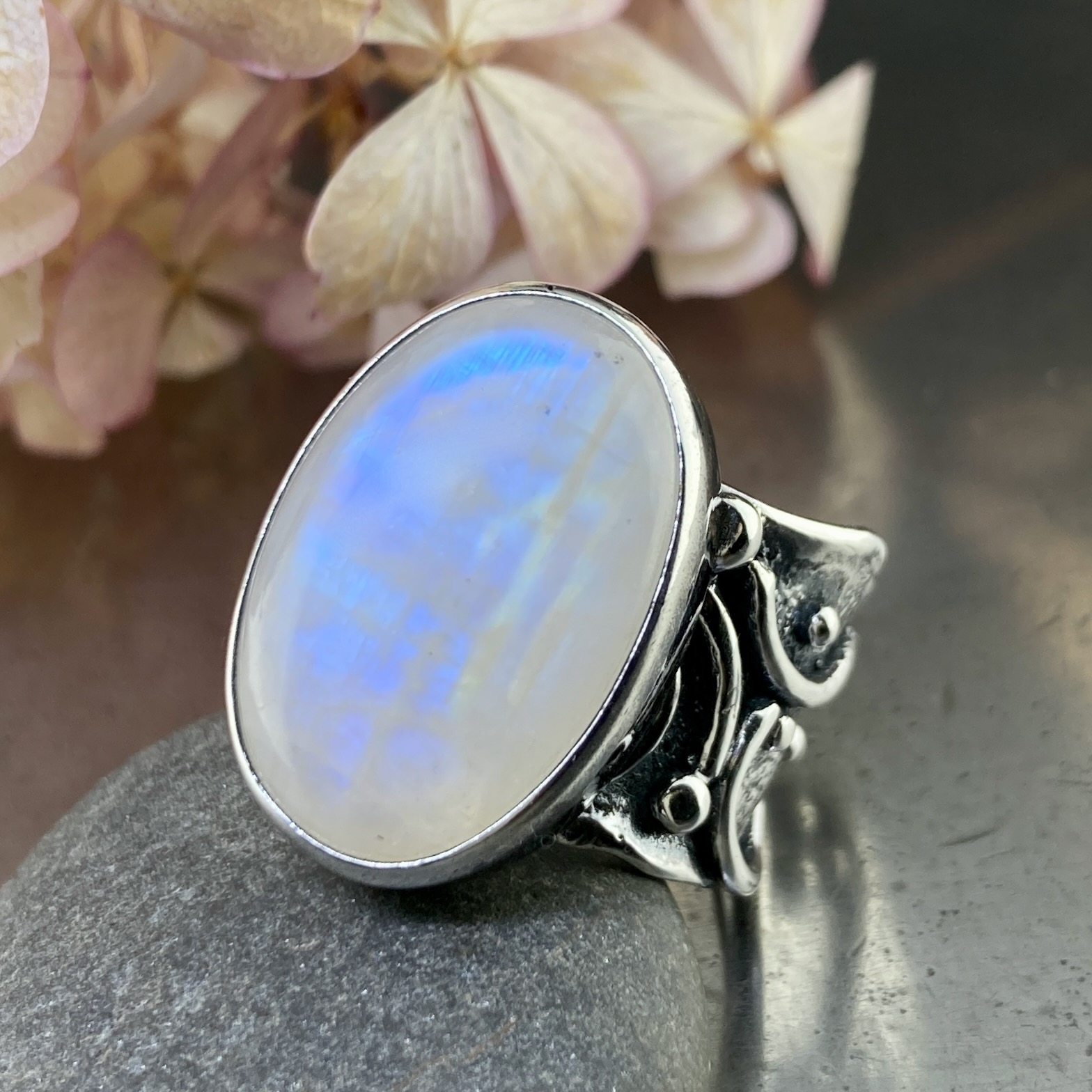 Moonstone Ring – Size 9.25 – Argentium Silver Waves – 16 Carat