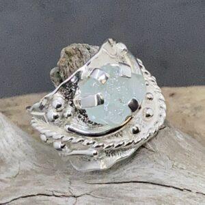 Aquamarine Ring – Size 8.25 – Argentium Silver Waves – 3.2 Carat