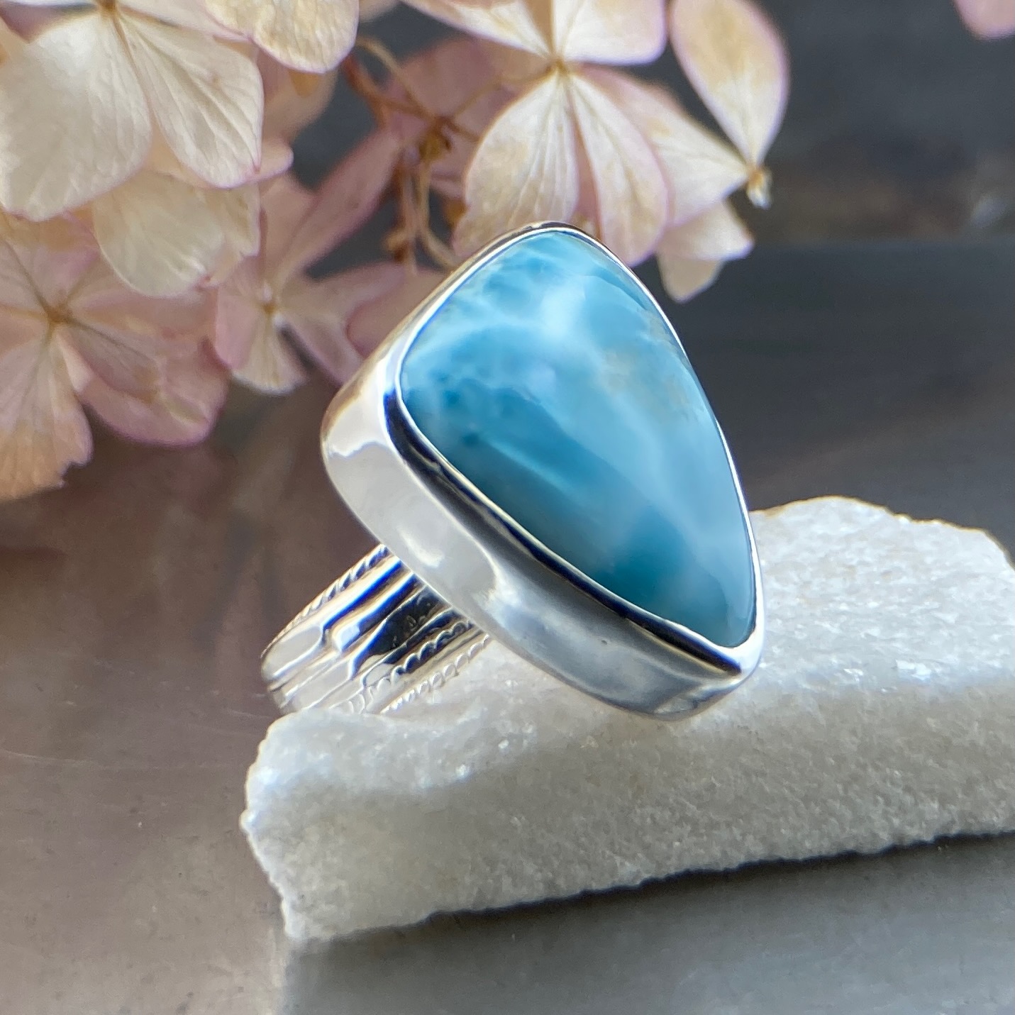 Larimar Ring – Size 9.5 – Argentium Silver Bark Band - Image 3