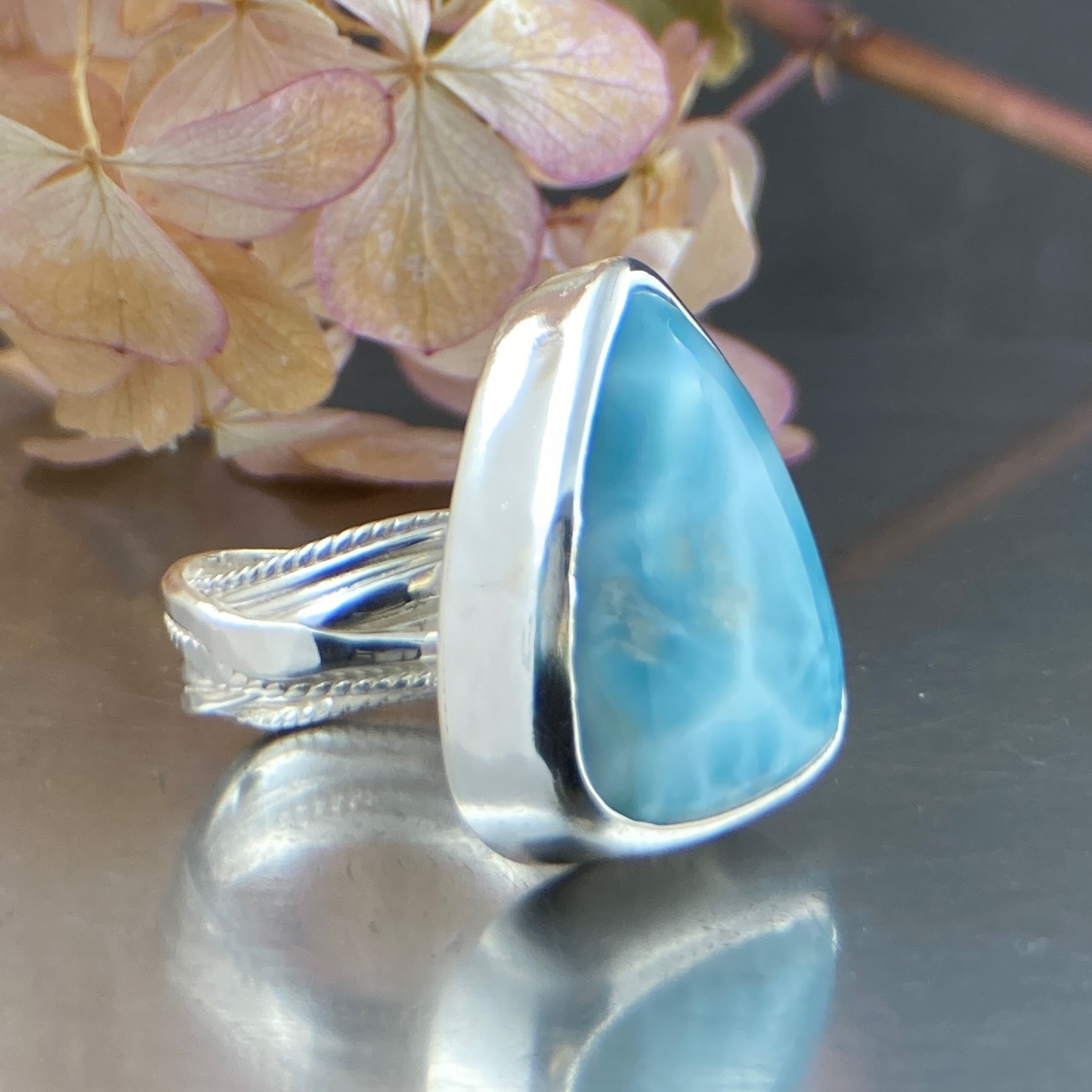 Larimar Ring – Size 9.5 – Argentium Silver Bark Band