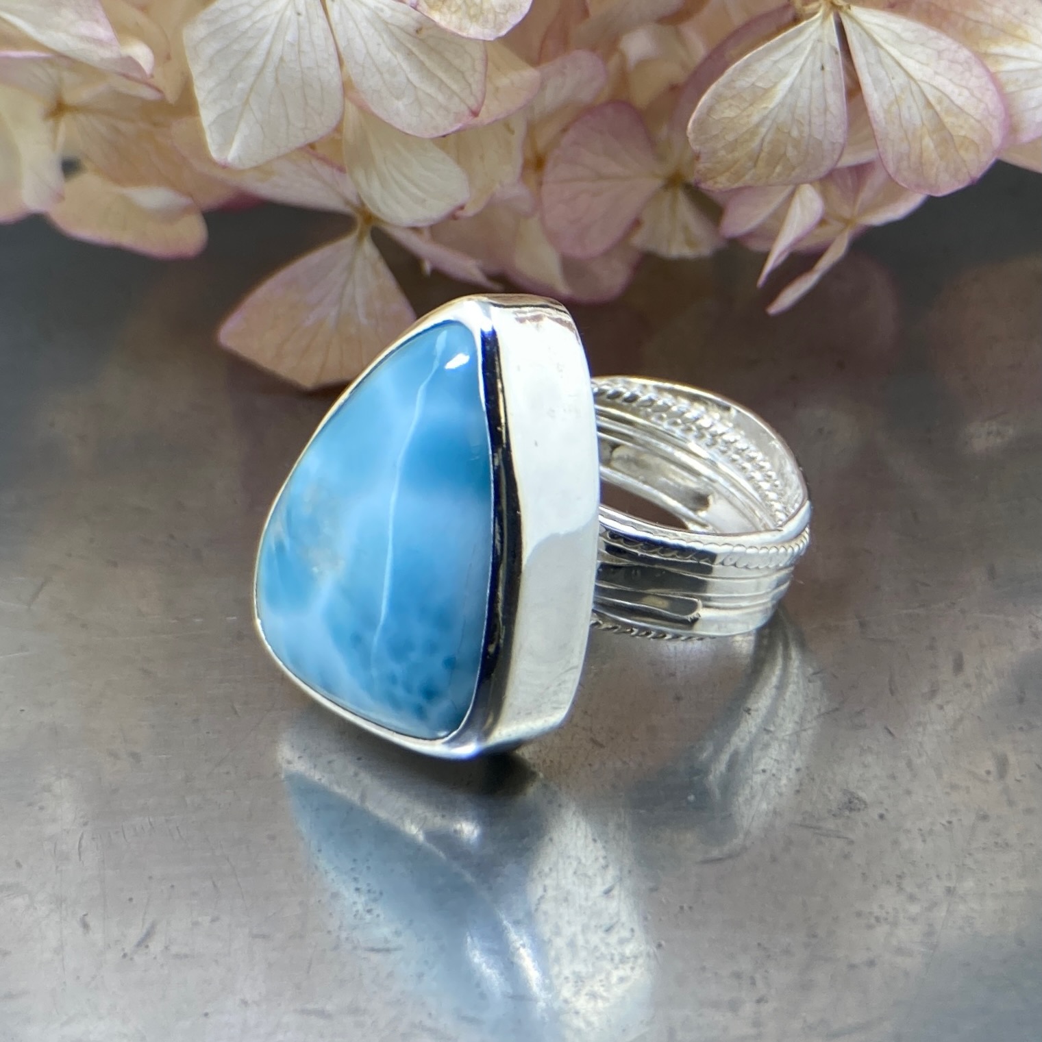 Larimar Ring – Size 9.5 – Argentium Silver Bark Band - Image 2