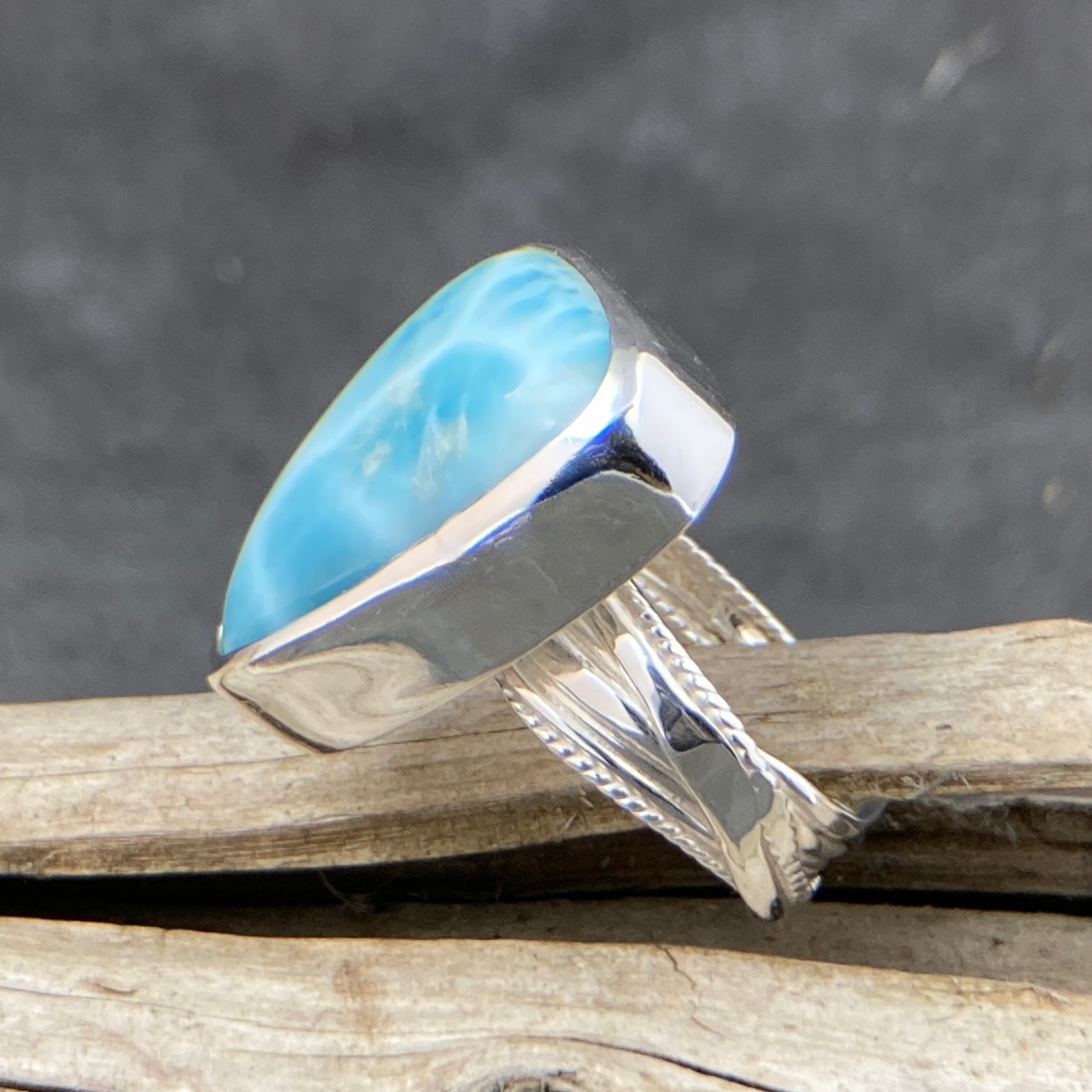 Larimar Ring – Size 9.5 – Argentium Silver Bark Band - Image 4