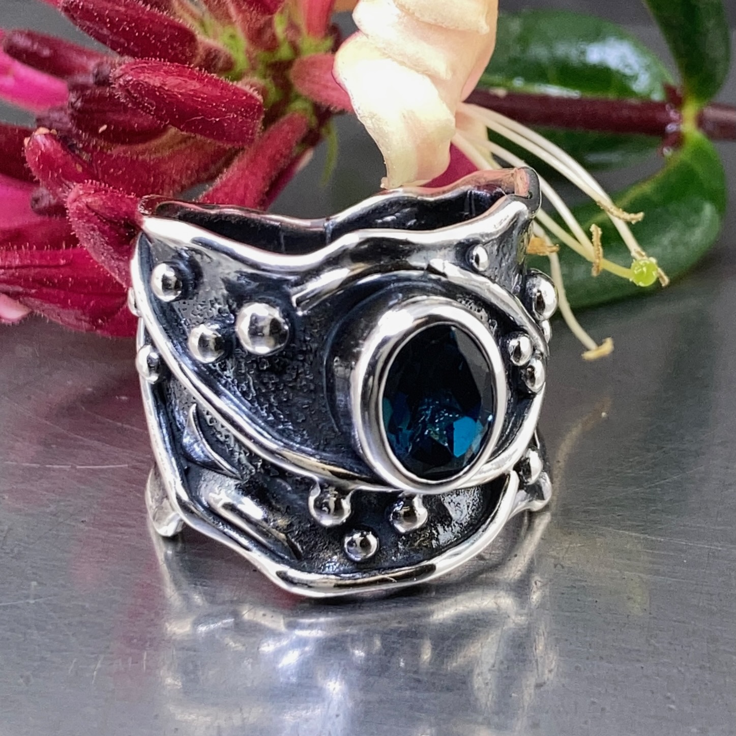 London Blue Topaz Ring – Size 10.25 – Argentium Silver Waves – 2 Carat - Image 3