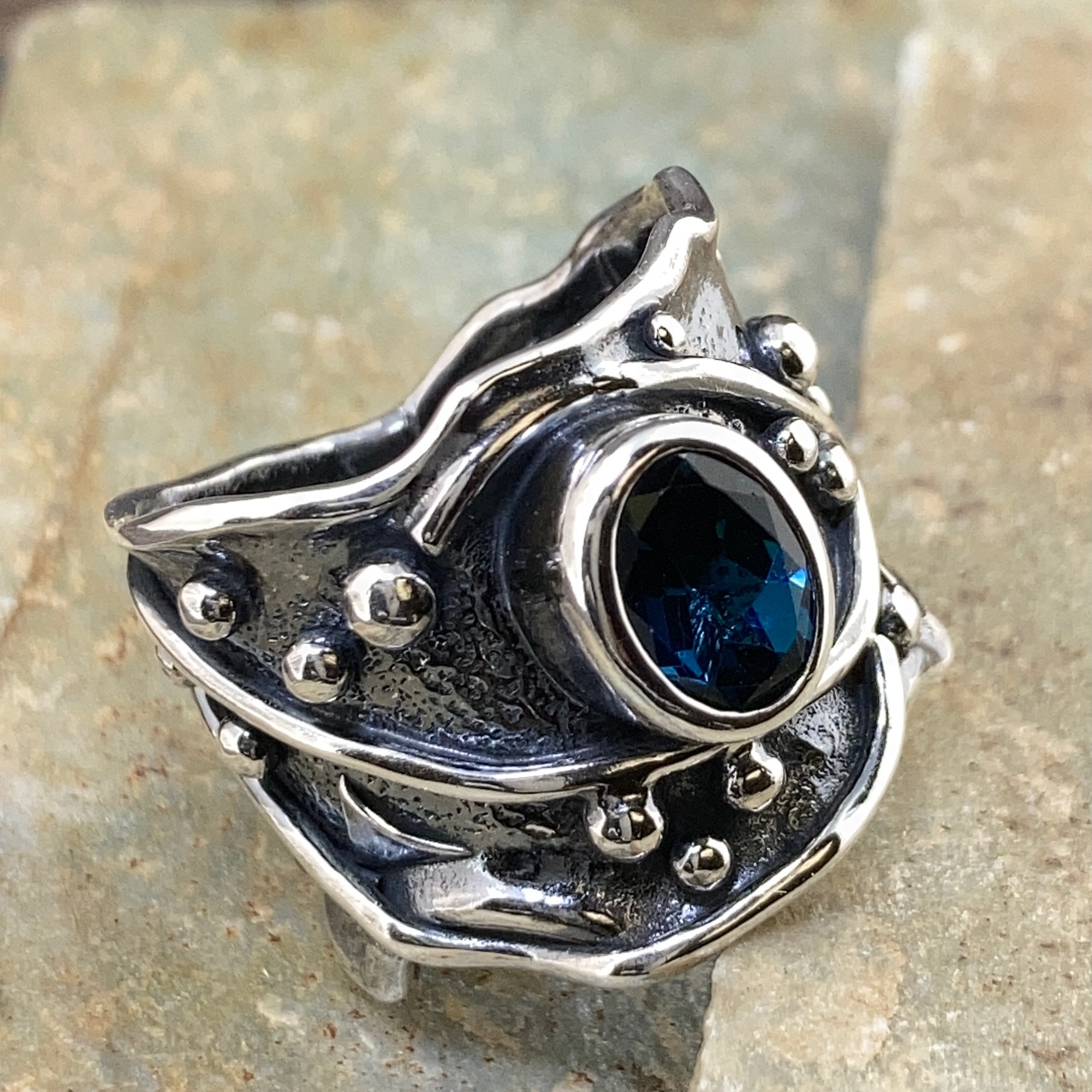 London Blue Topaz Ring – Size 10.25 – Argentium Silver Waves – 2 Carat - Image 2