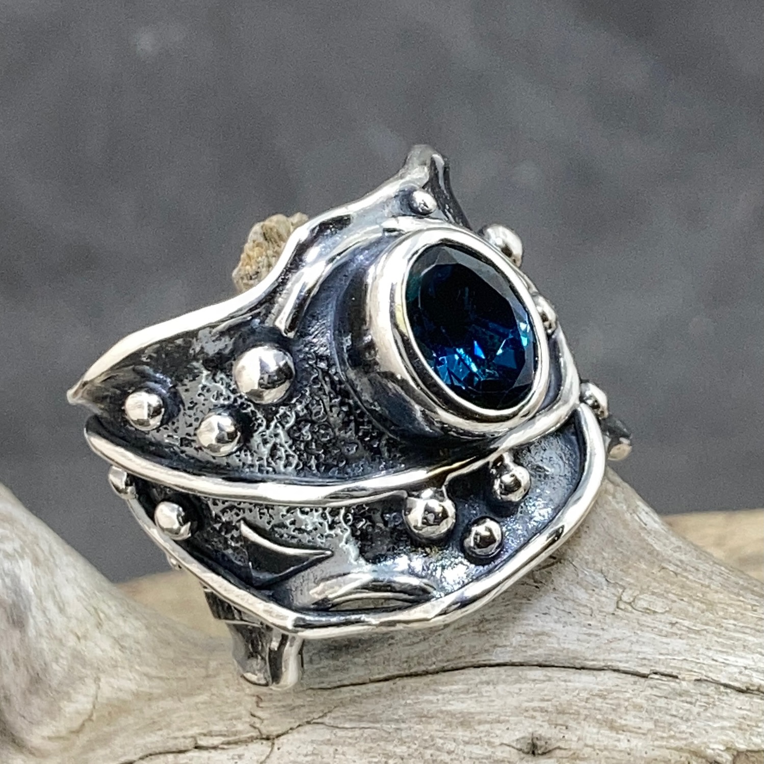 London Blue Topaz Ring – Size 10.25 – Argentium Silver Waves – 2 Carat