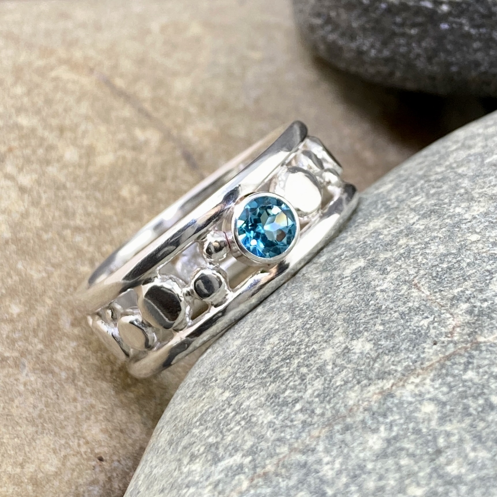 Swiss Blue Topaz Ring – Size 11.75 – Argentium Silver Flat Granules – 0.5 Carat - Image 3