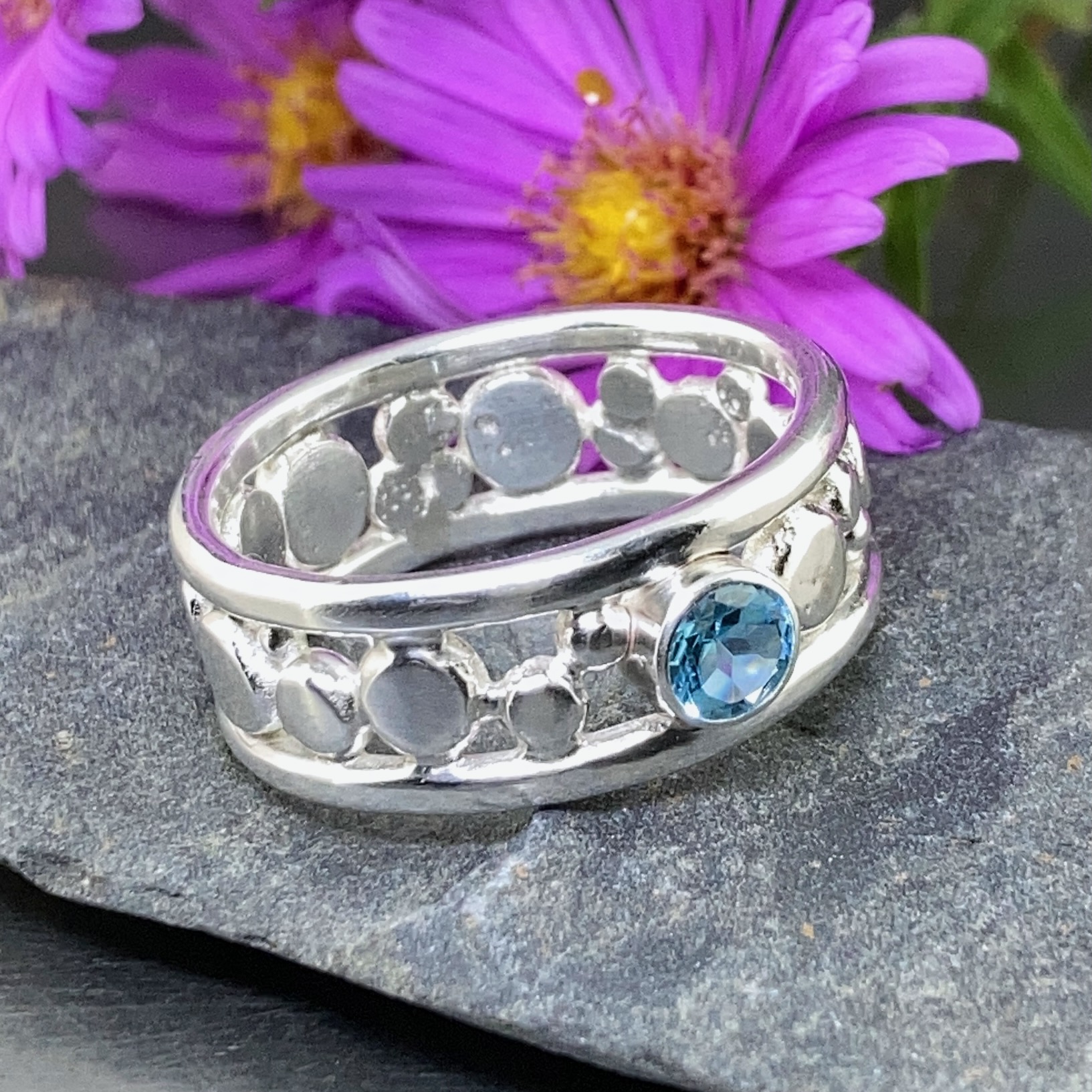 Swiss Blue Topaz Ring – Size 11.75 – Argentium Silver Flat Granules – 0.5 Carat - Image 2