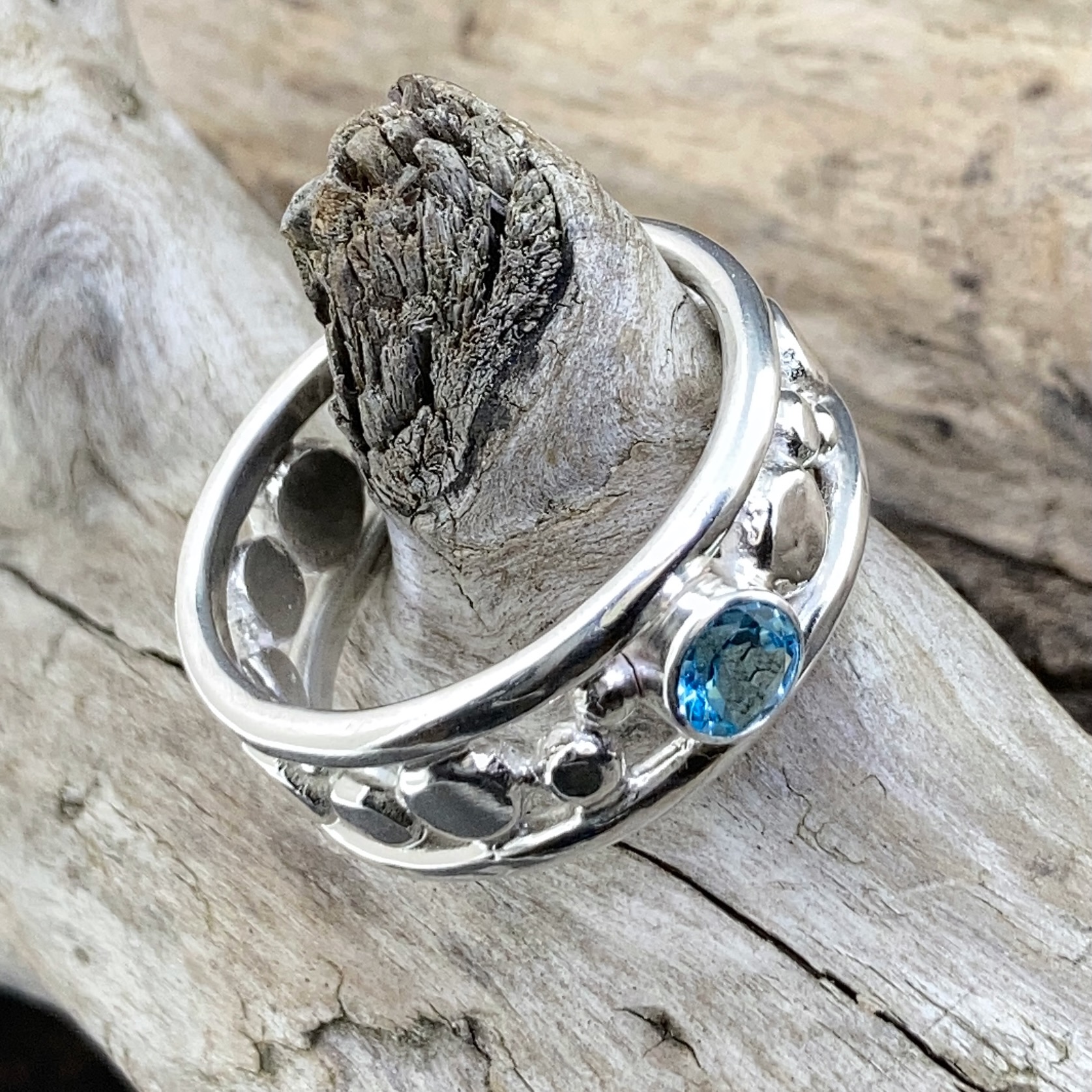 Swiss Blue Topaz Ring – Size 11.75 – Argentium Silver Flat Granules – 0.5 Carat