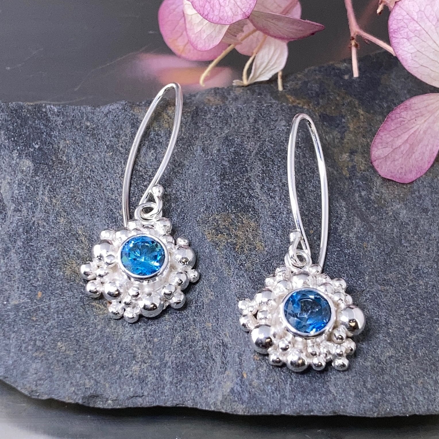 London blue topaz earrings - granules - Argentium silver - 2 carat