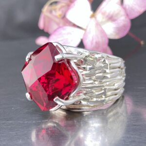 Red Topaz Ring – Size 8.25 – Argentium Silver Bark Band – 18 Carat