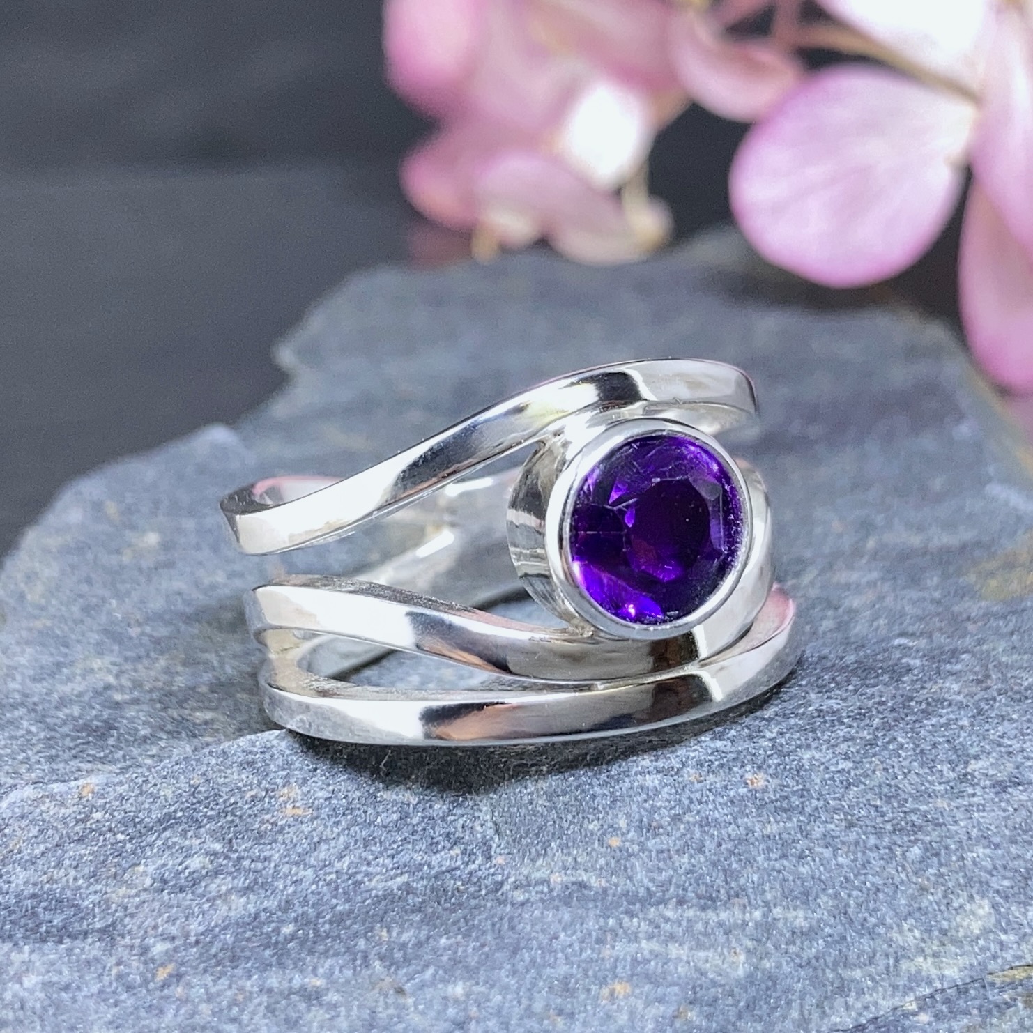 Amethyst Ring – Size 6 – Argentium Silver Wind Design – 1 Carat