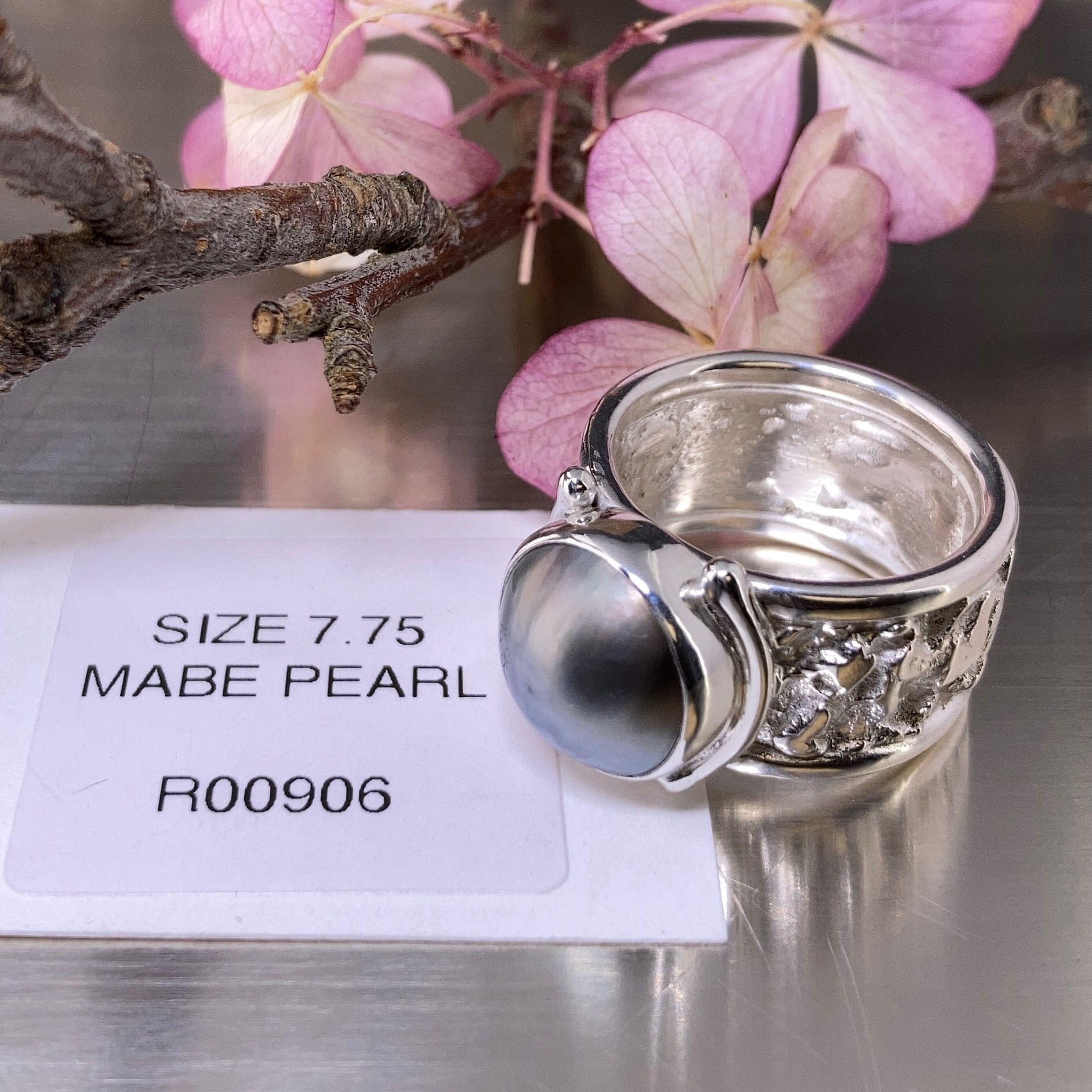 Mabe’ Pearl Ring – Size 7.75 – Argentium Silver Lunar Band - Image 4