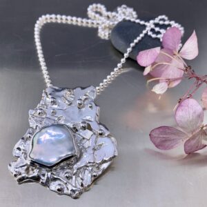 pearl pendant - Argentium silver - rapids design
