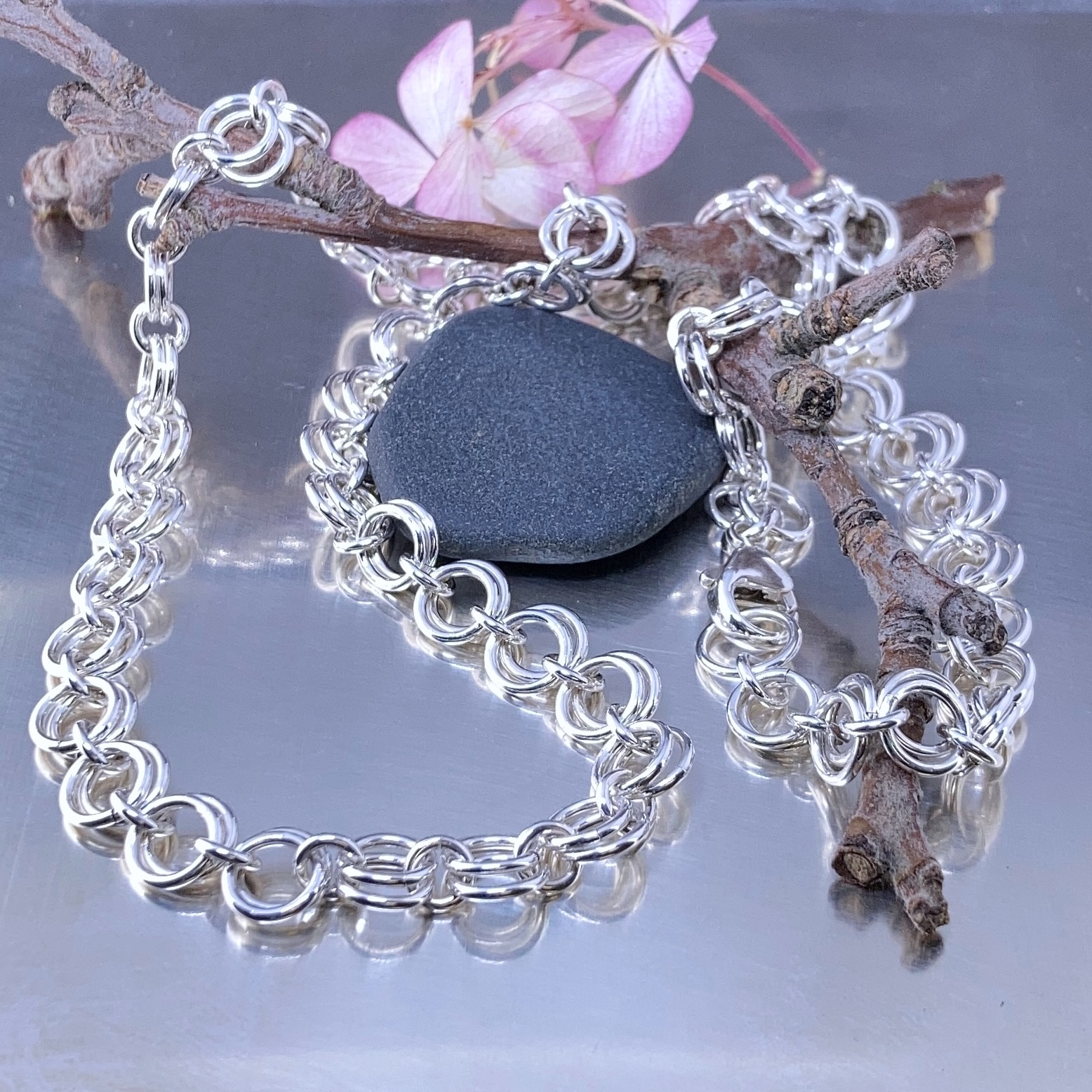 chain maille links necklace - Argentium silver - 20" long