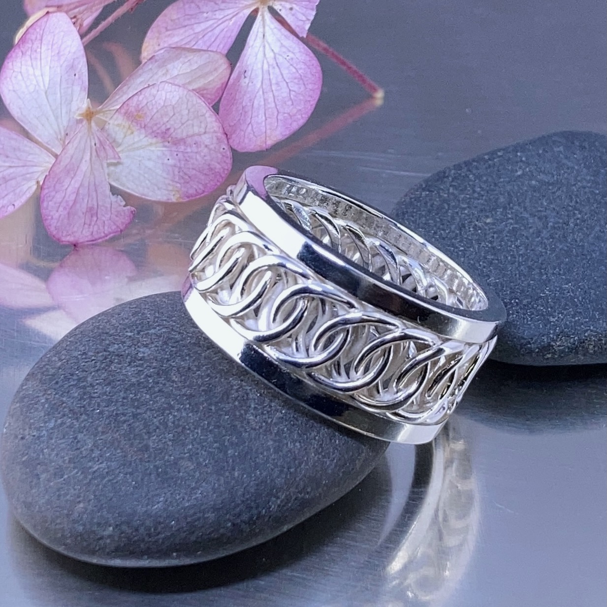 chain maille ring - size 9.5 - Argentium silver fused band - Image 2