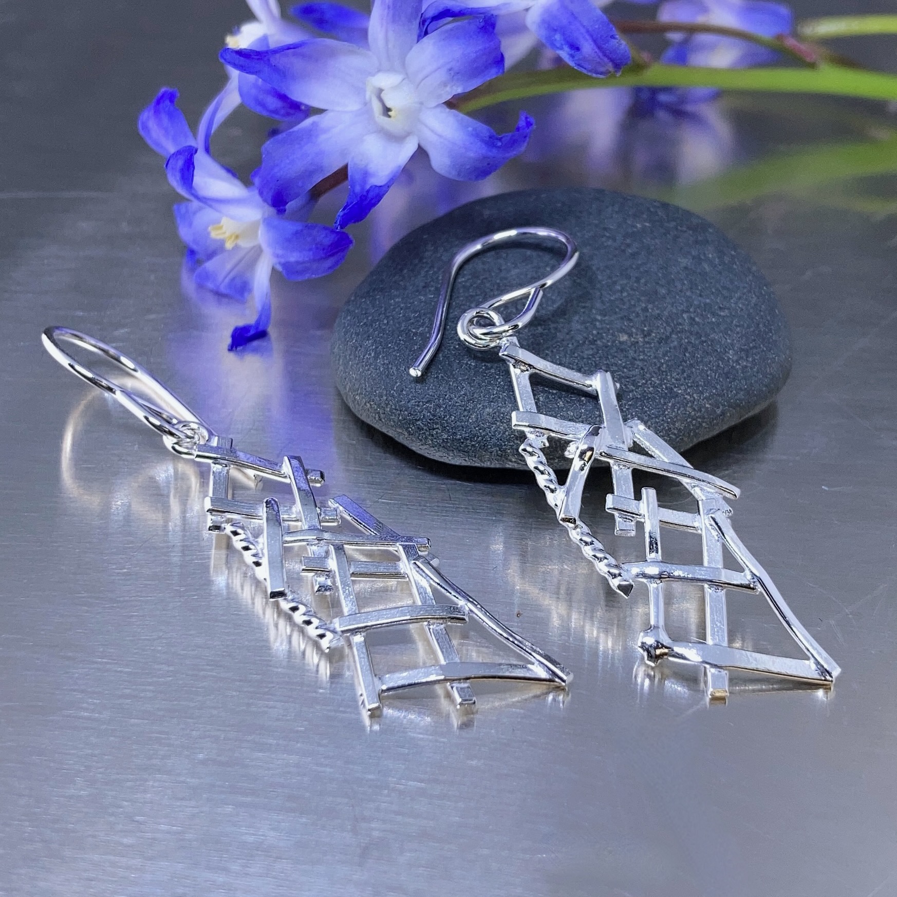 twig earrings - crosshatch - Argentium silver