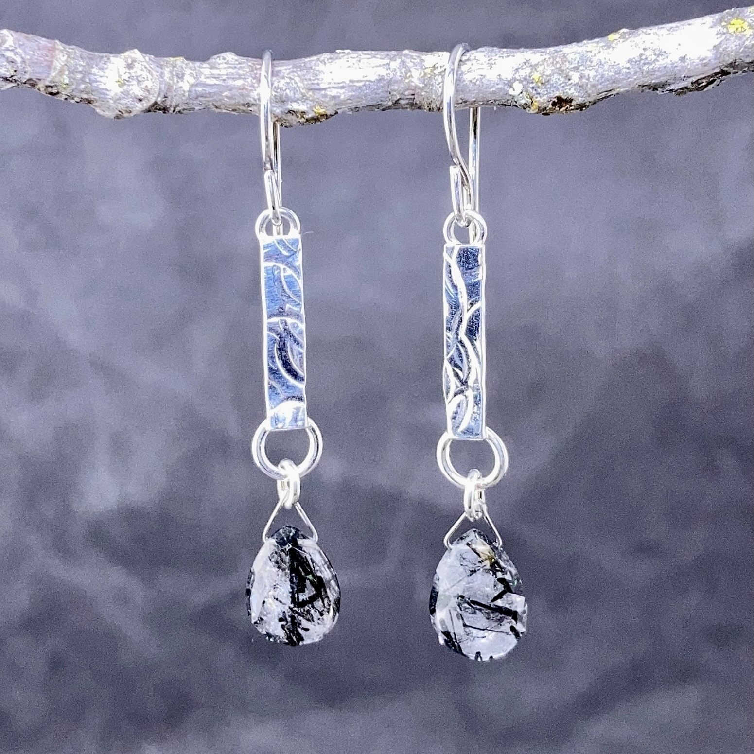 gemstone earrings - textured bar - Argentium silver - Image 5