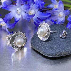 pearl earrings  - blossoms - Argentium silver