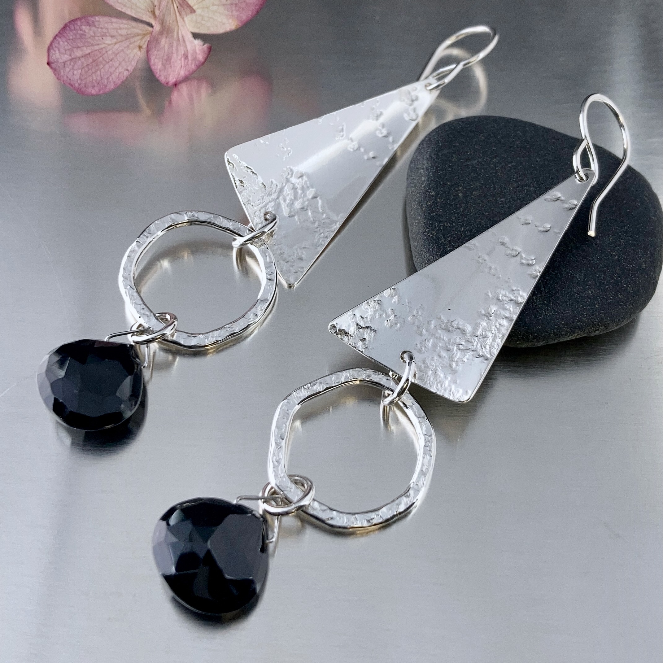 onyx earrings - sail over sun - Argentium silver