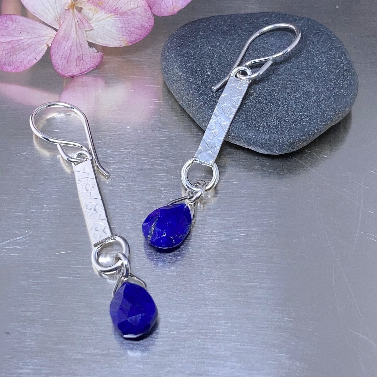 gemstone earrings - textured bar - Argentium silver