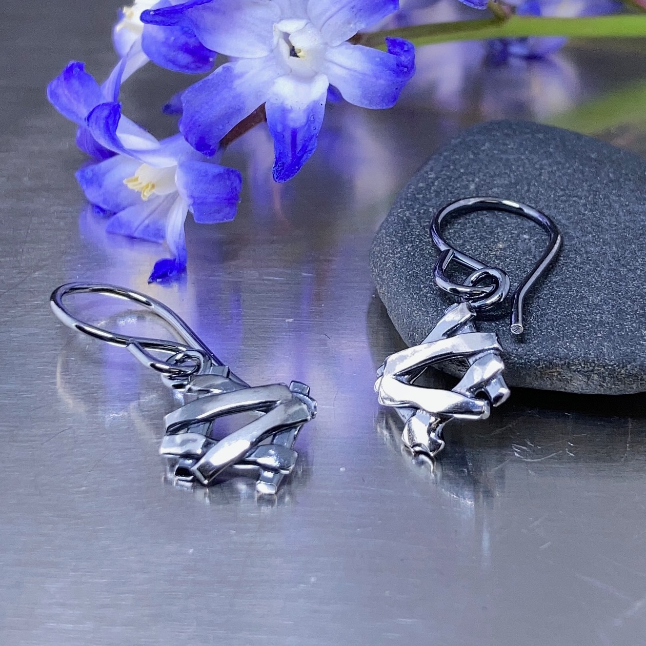 twig earrings - diamond - antique Argentium silver