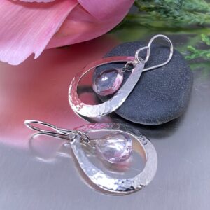 pink topaz earrings - hollow teardrop - Argentium silver