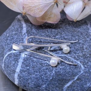 pearl earrings - curved bar - Argentium silver