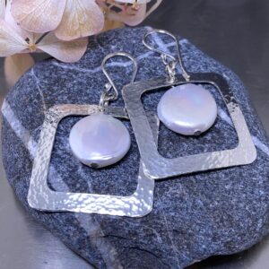 pearl earrings - hollow square - Argentium silver