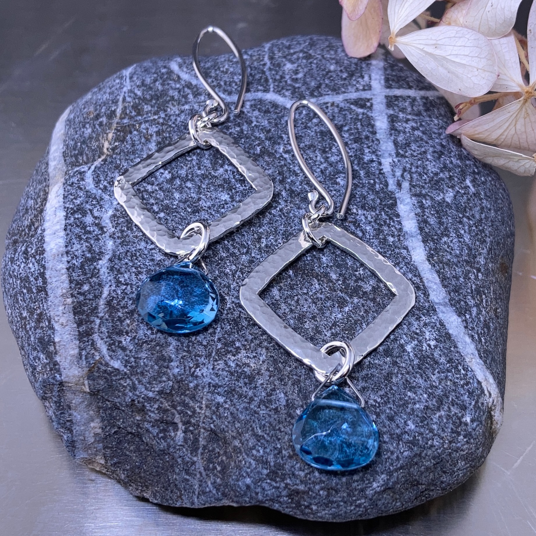 London blue topaz earrings - square wire - Argentium silver
