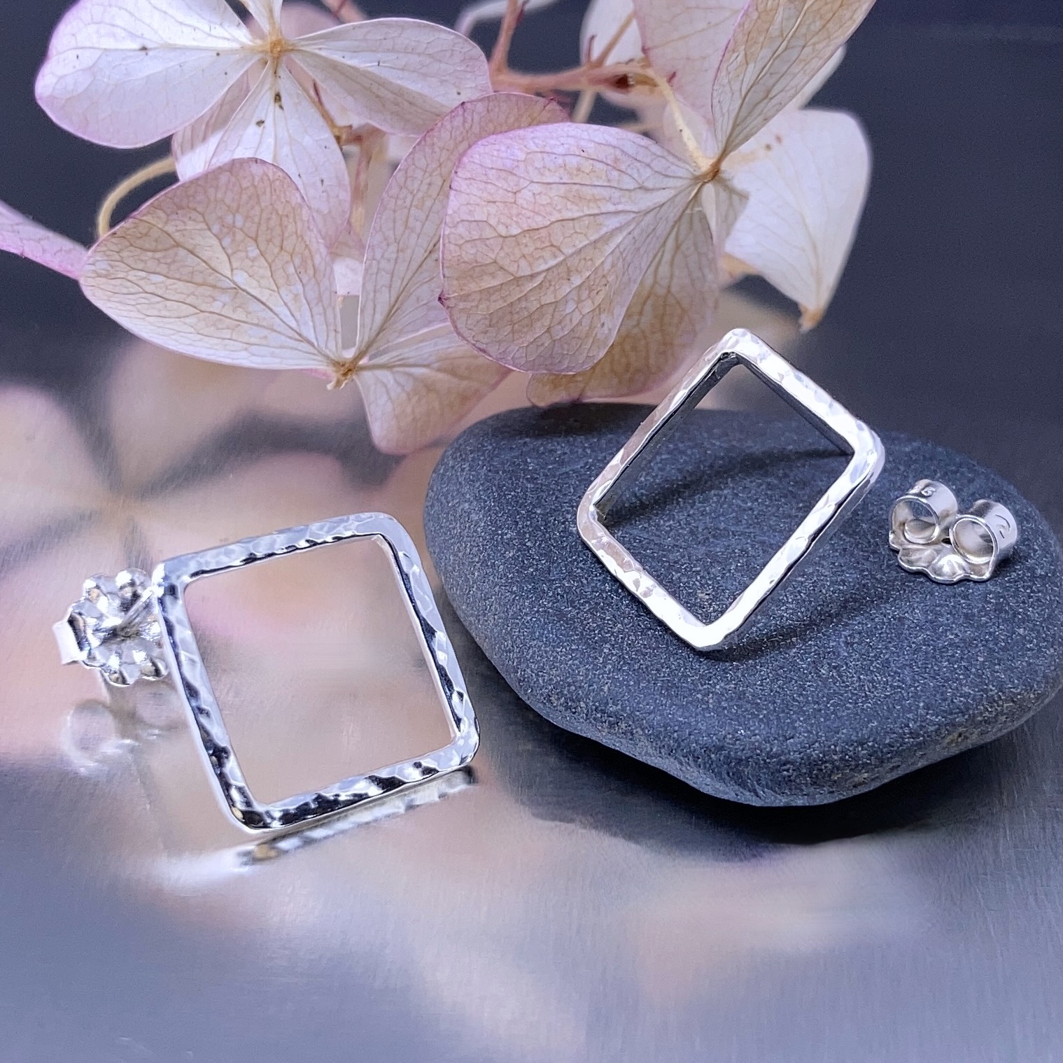 square post earrings - hammered wire - Argentium silver