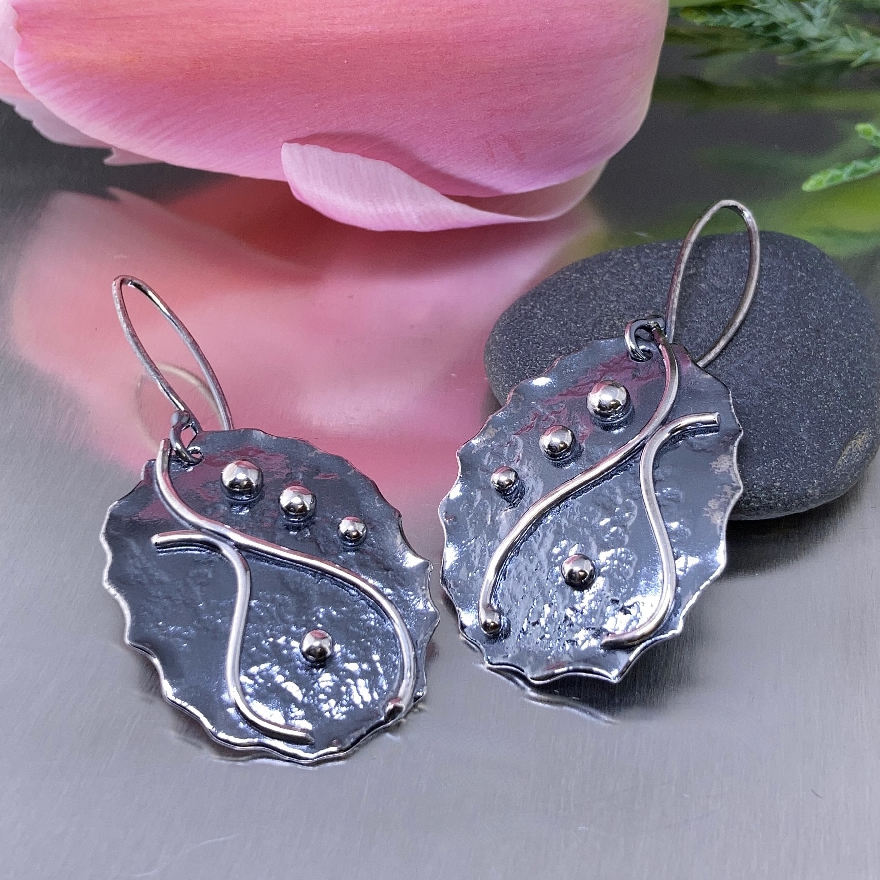 waves earrings - oval - antique Argentium silver