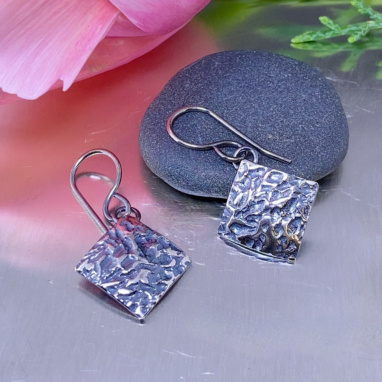 lunar earrings - medium diamond - antique Argentium silver