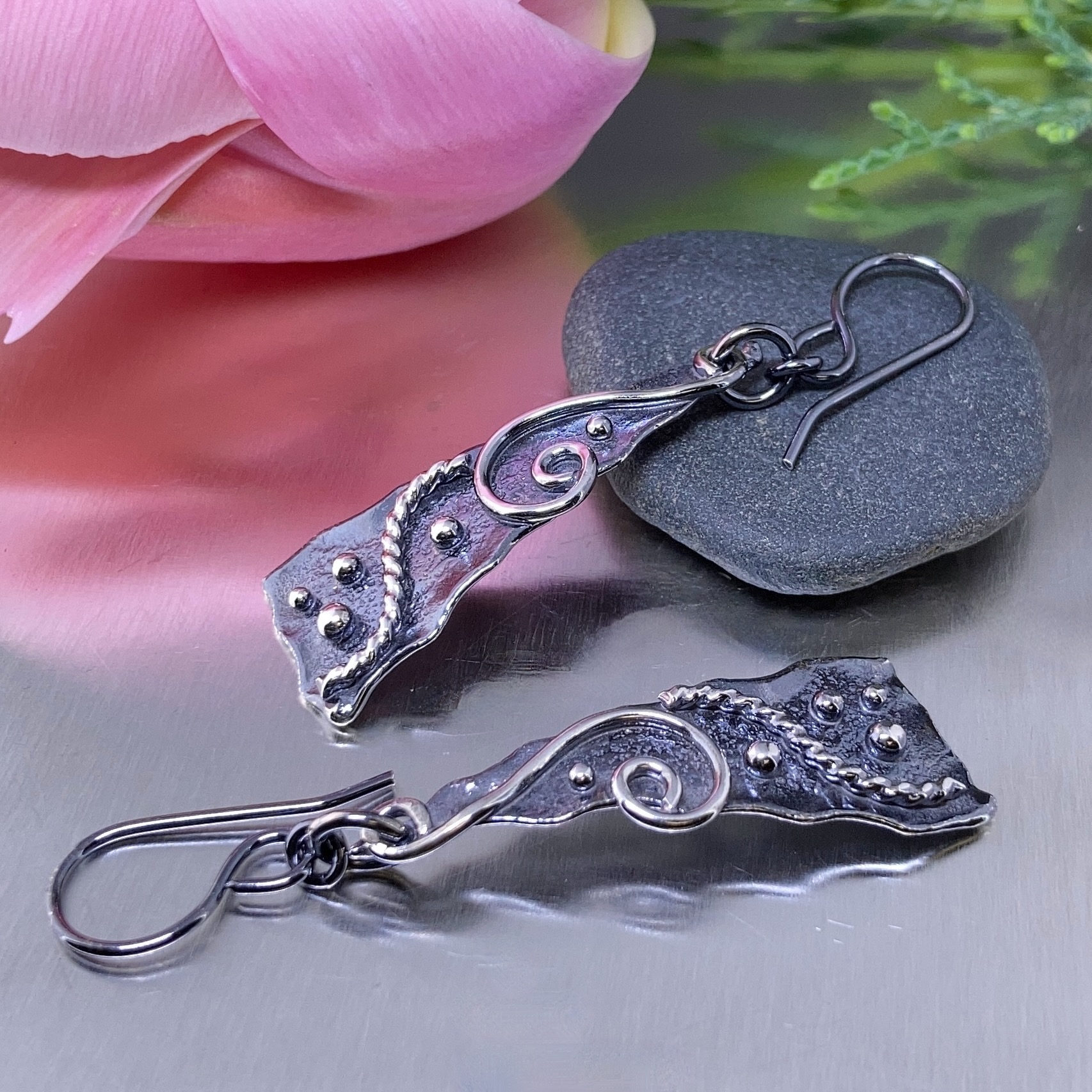 waves earrings - sails - antique Argentium silver